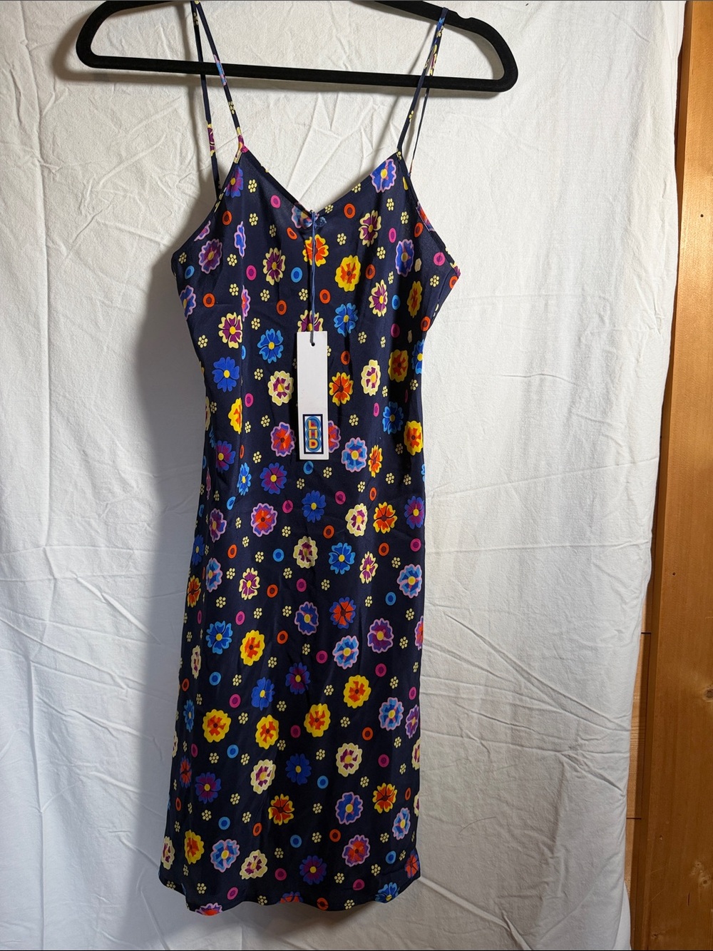 Navy Floral Spaghetti-Strap 100% Silk Resort Midi Dress new with tags